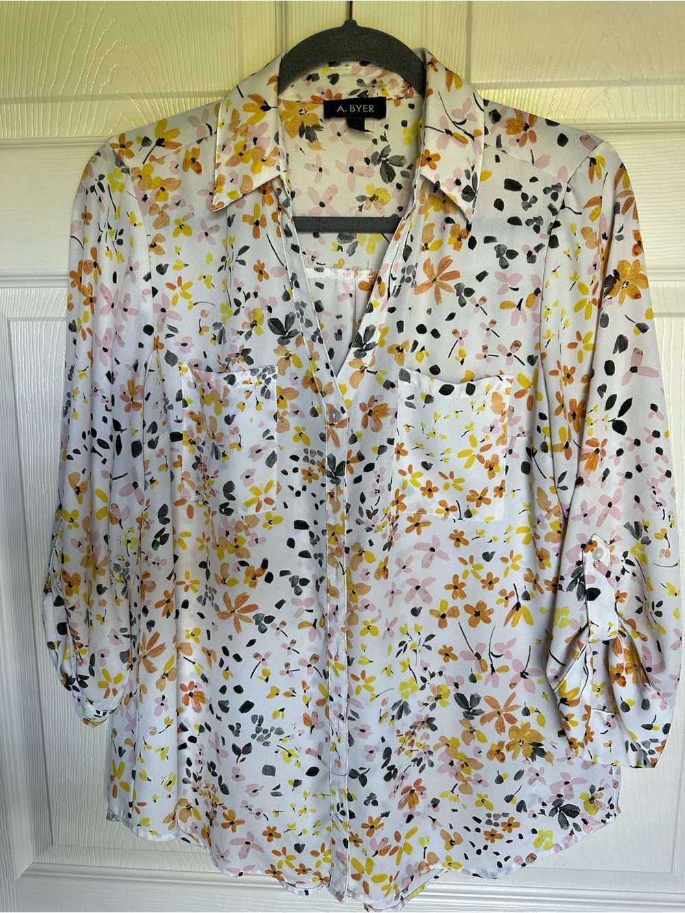 A. Byer White Floral Button-Down Shirt with Yellow and Pink Accents